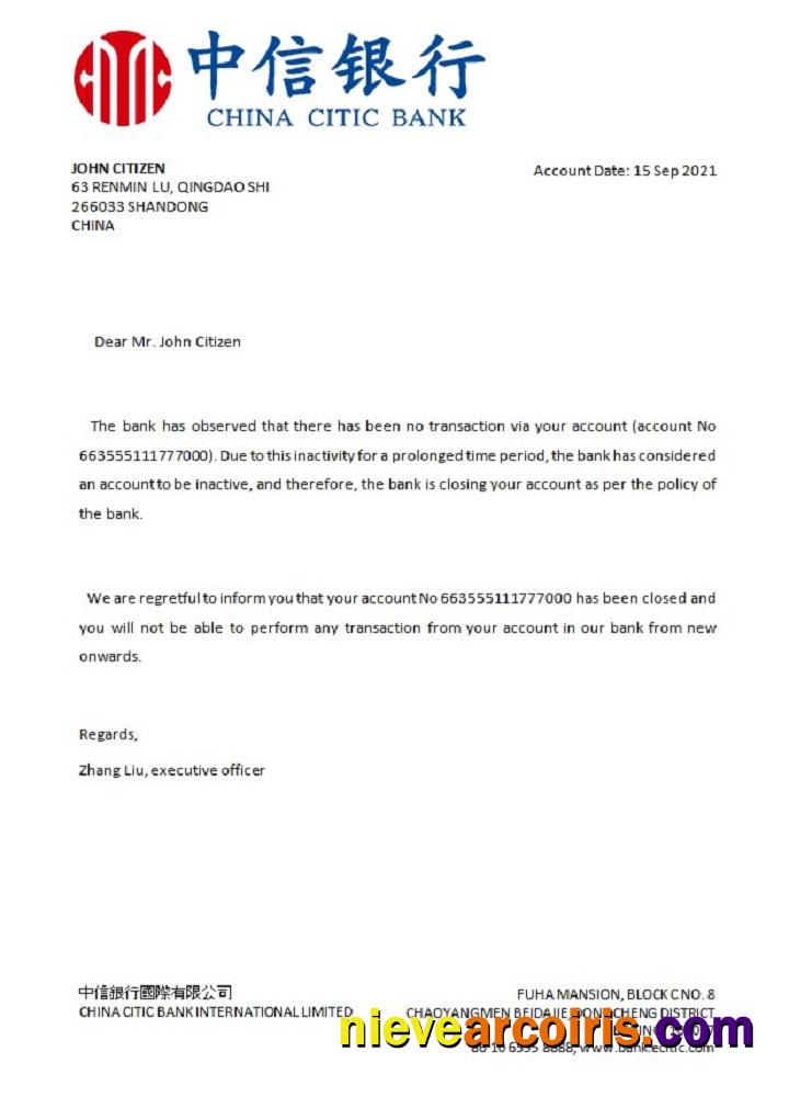 China Citic Bank closure reference